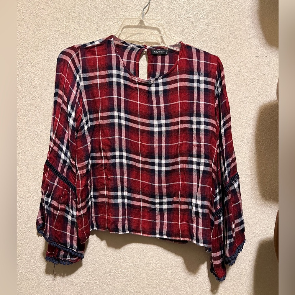 Red and blue plaid bell sleeve top